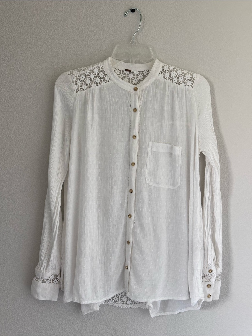 Free People “The Best Shirt” Gauze Blouse With Crochet Inset